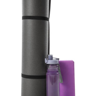Grey exercise mat, yoga block and bottle of water isolated on white